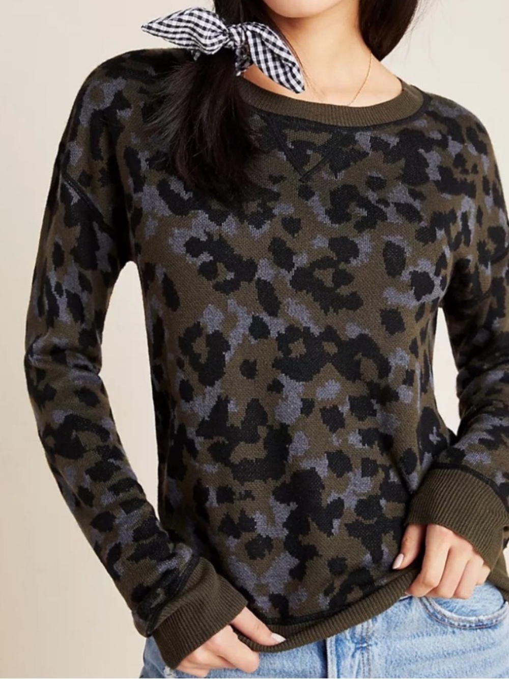 Anthropologie Ethan Camo Leopard Knit Sweater Olive Pullover Medium